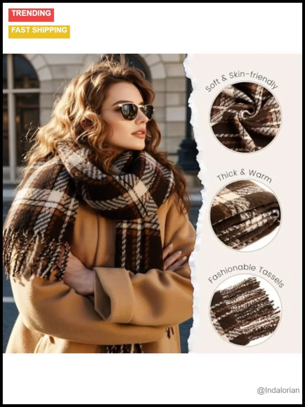 Fashion Plaid Blanket Scarf with Fringe, Long Soft Scarf Shawl Wrap